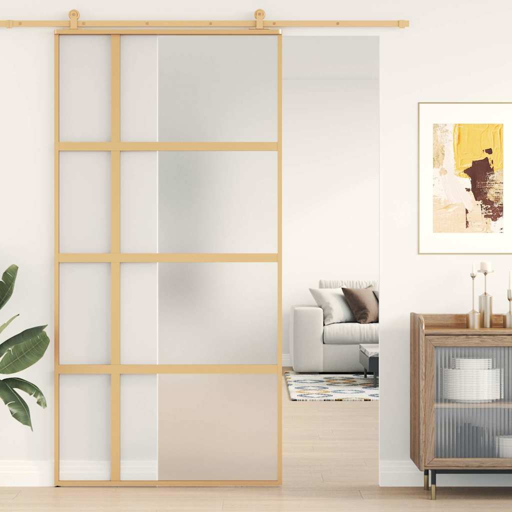 Golden sliding door made of frosted ESG glass and aluminum 