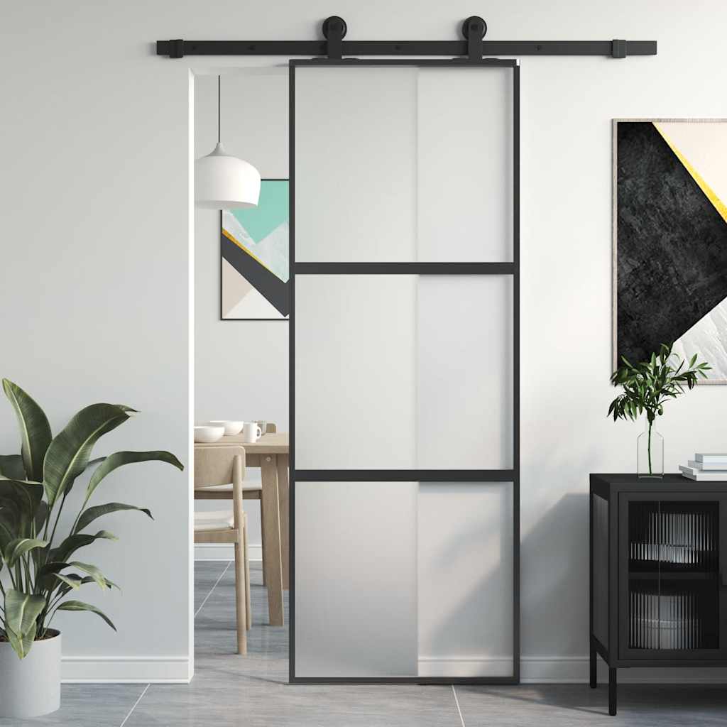 Black tempered glass and aluminum sliding door 76x205 cm 