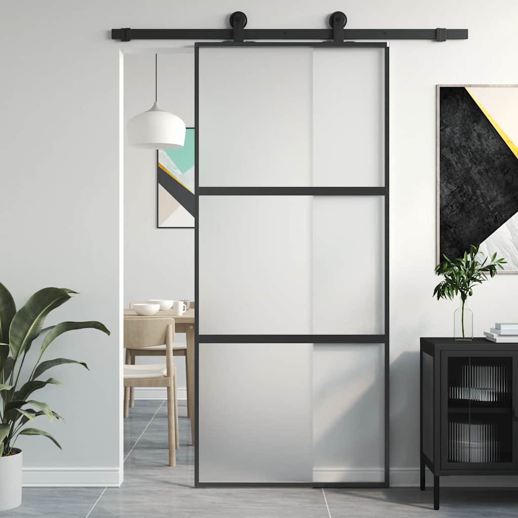 Tempered glass and black aluminum sliding door 90x205 cm 