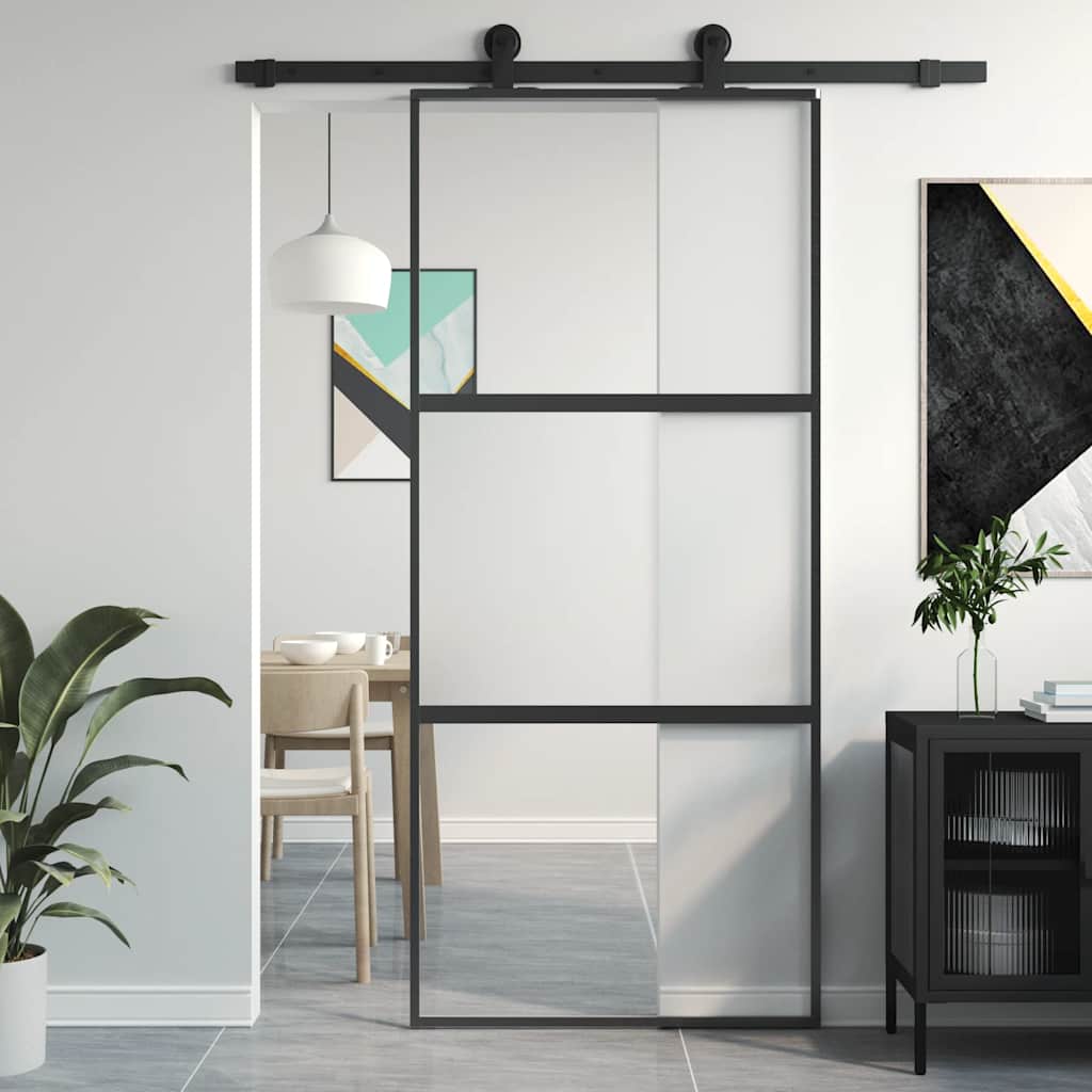 Sliding door tempered glass and black aluminum 90x205 cm 