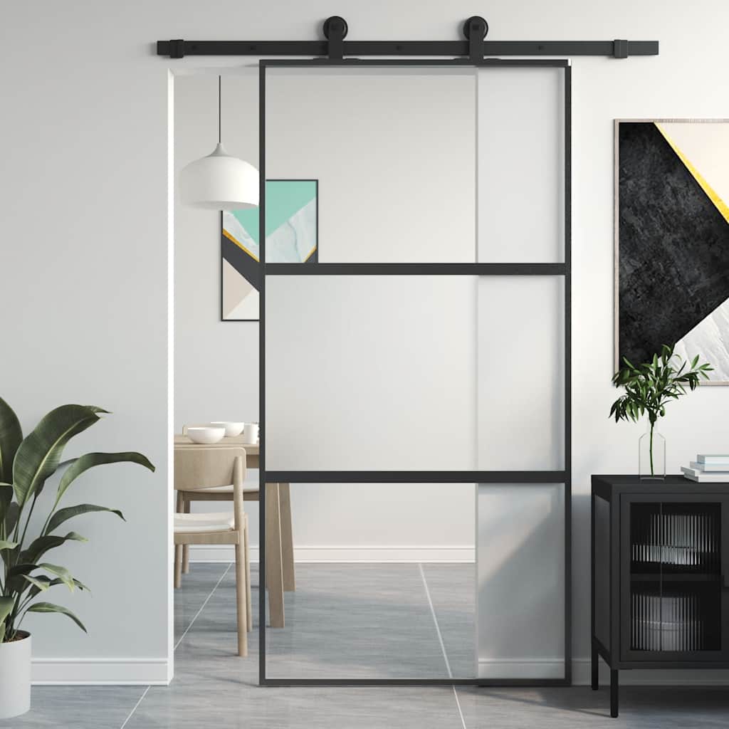 Black tempered glass and aluminum sliding door 102.5x205 cm 