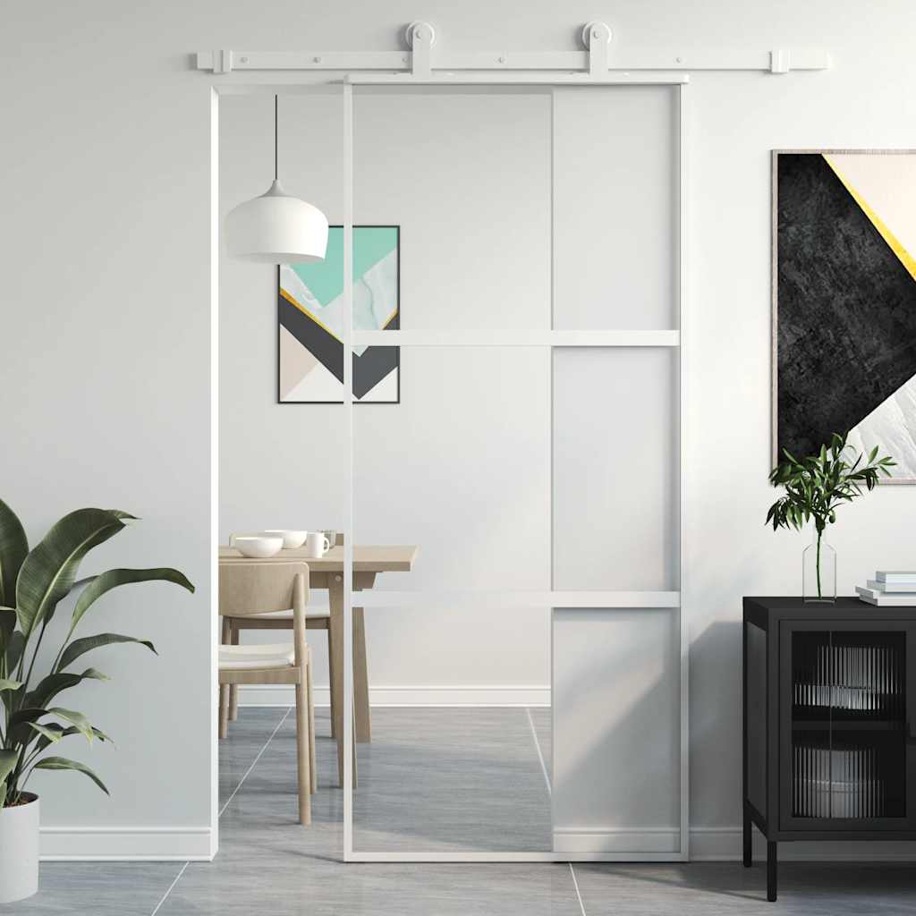 White tempered glass and aluminum sliding door 90x205 cm 