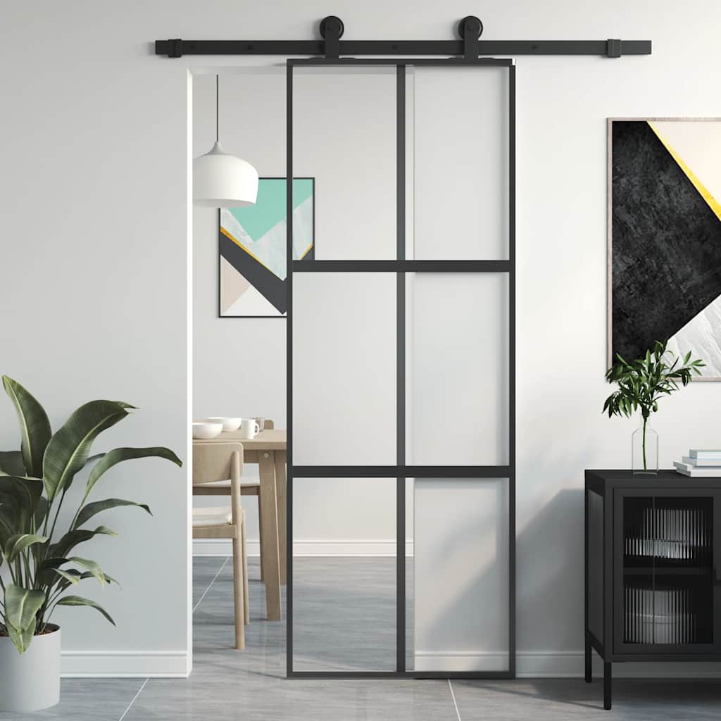 Black tempered glass and aluminum sliding door 76x205 cm 