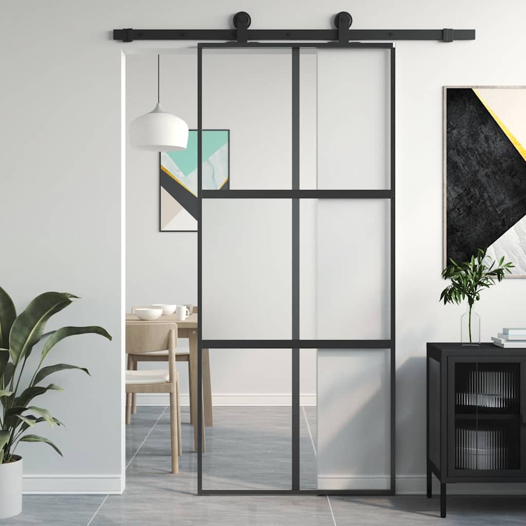 Black tempered glass and aluminum sliding door 90x205 cm 