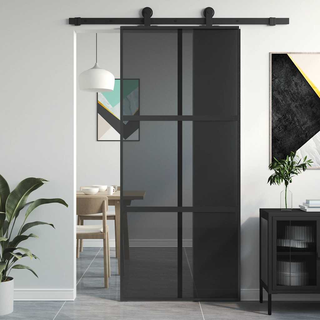 Black tempered glass and aluminum sliding door 90x205 cm 