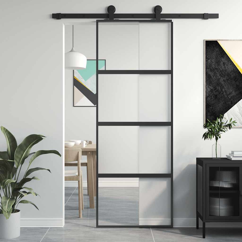 Black tempered glass and aluminum sliding door 76x205 cm 
