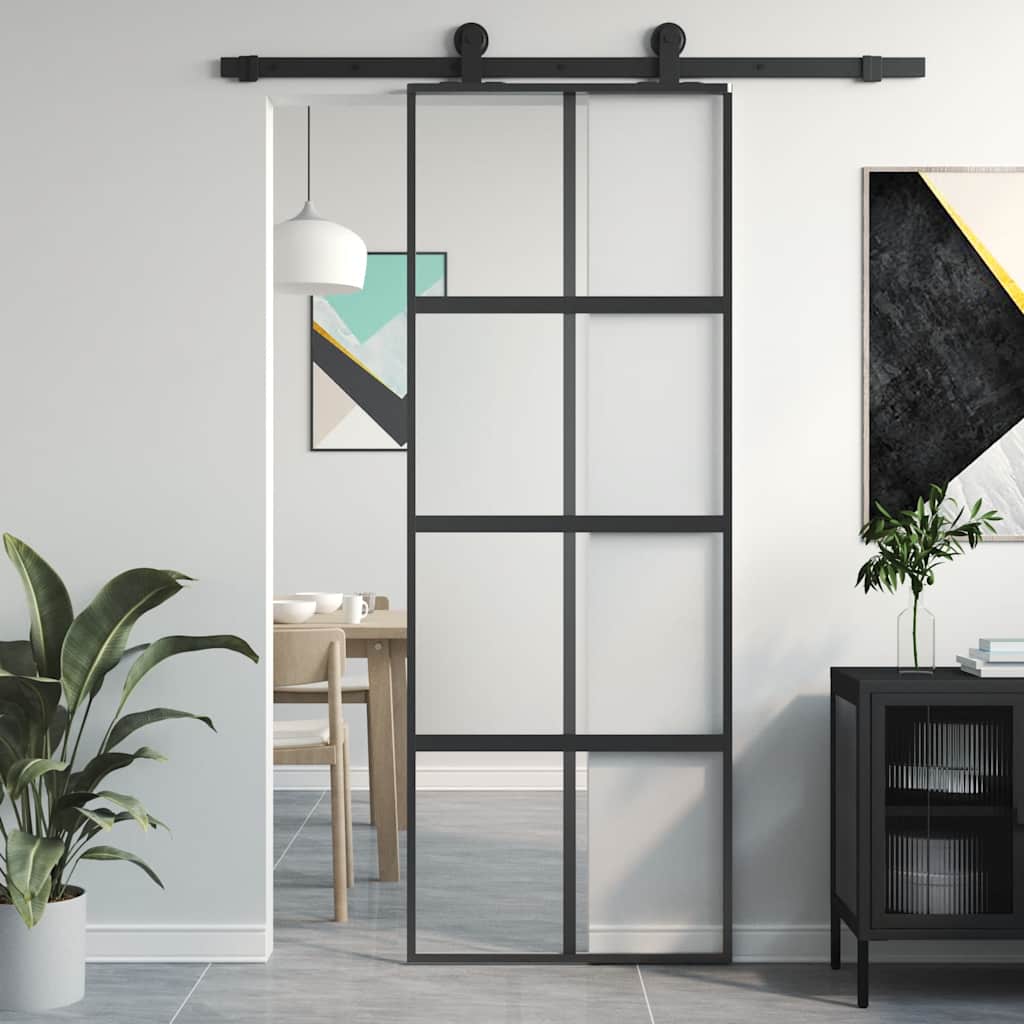 Black tempered glass and aluminum sliding door 76x205 cm 
