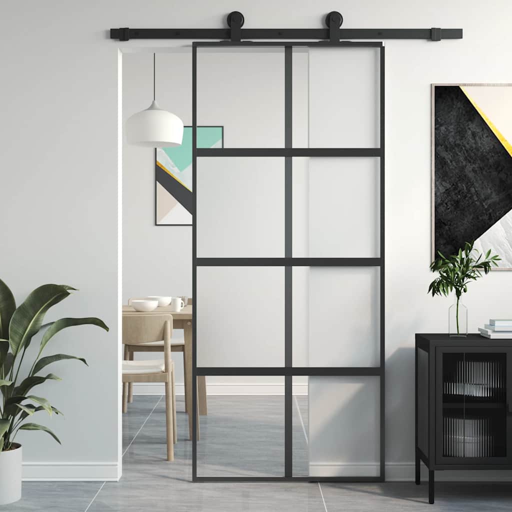 Black tempered glass and aluminum sliding door 90x205 cm 