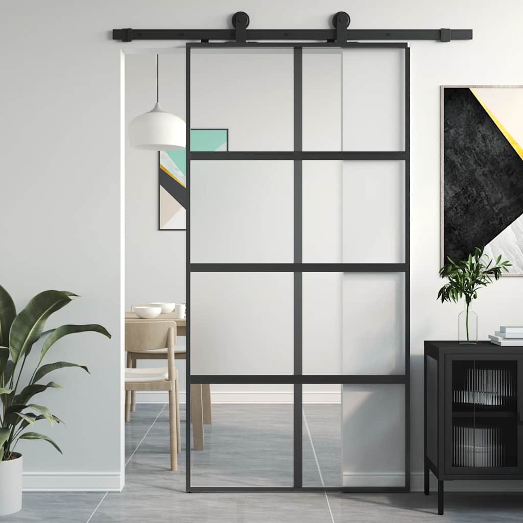 Black tempered glass and aluminum sliding door 102.5x205 cm 