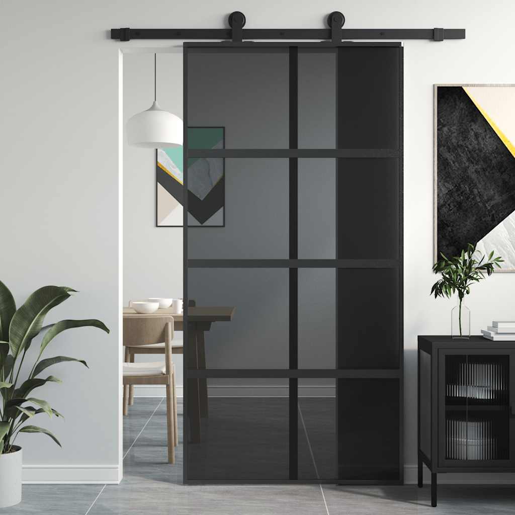 Black tempered glass and aluminum sliding door 102.5x205 cm 