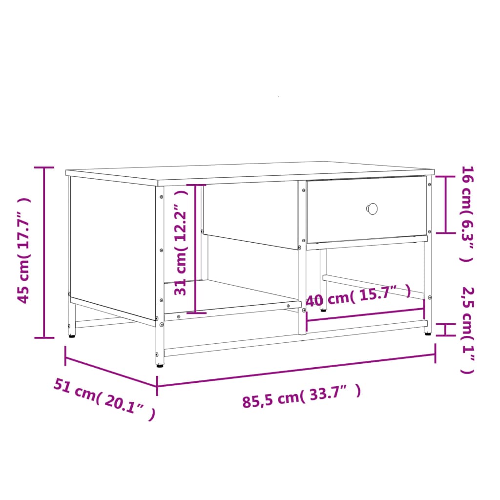 Mesa de centro madera de ingeniería roble Sonoma 85,5x51x45 cm