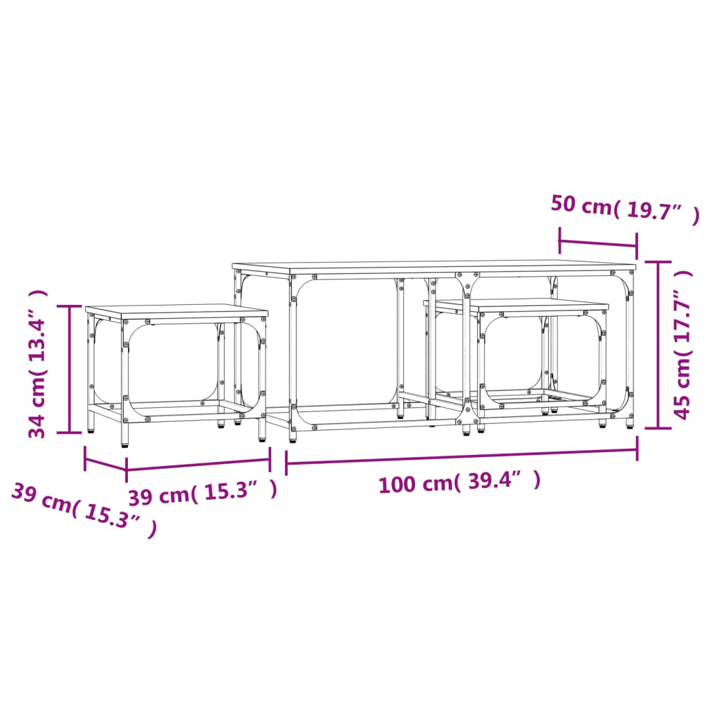 Stackable center tables 3 pieces black engineering wood