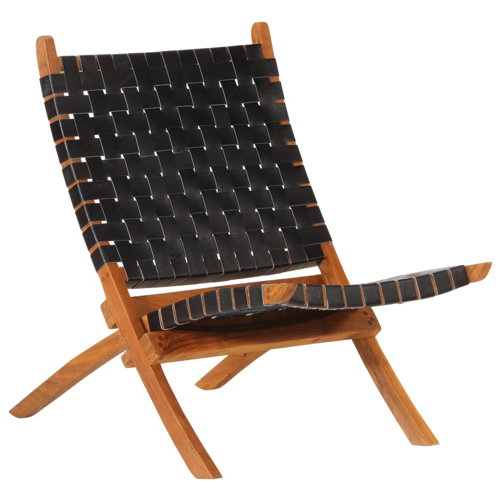 Vetonek Silla de relax plegable cuero auténtico negro