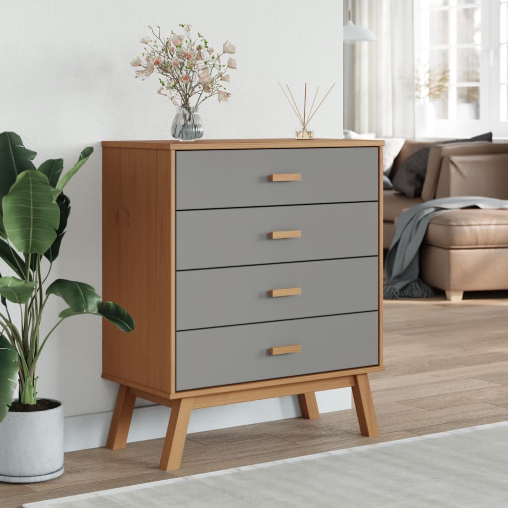 Cómoda de cajones olden madera maciza de pino gris y marrón v3600 - Vetonek