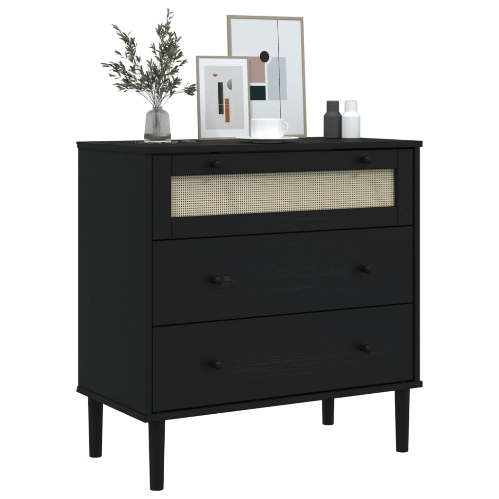 Cómoda SENJA aspecto ratán madera maciza pino negro 80x40x80cm - Vetonek