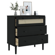 Cómoda SENJA aspecto ratán madera maciza pino negro 80x40x80cm - Vetonek