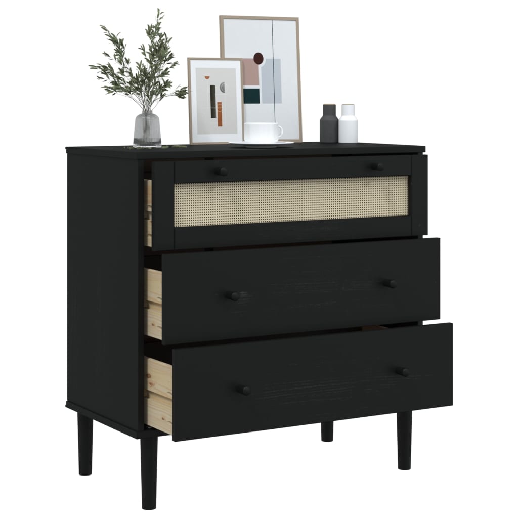 Cómoda SENJA aspecto ratán madera maciza pino negro 80x40x80cm - Vetonek