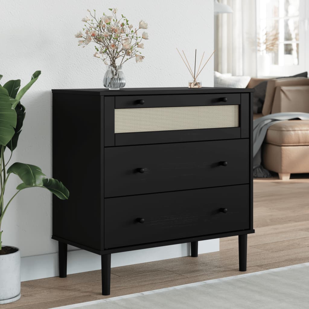 Cómoda senja aspecto ratán madera maciza pino negro 80x40x80cm v4409 Vetonek