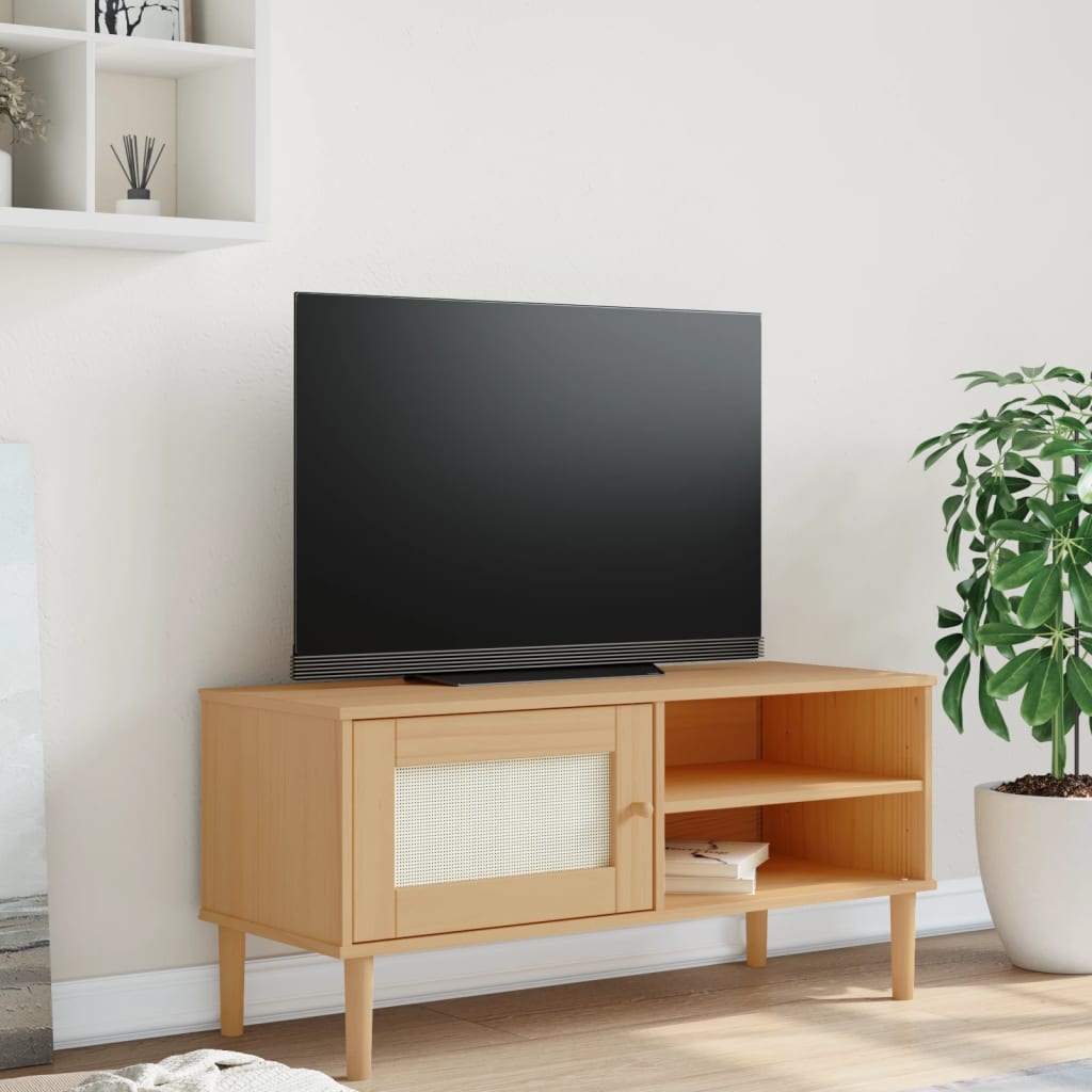 Vetonek Mueble de TV SENJA aspecto ratán madera pino marrón 106x40x49cm