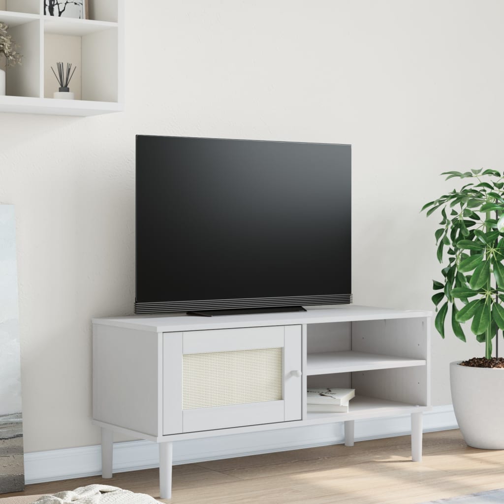 Vetonek Mueble de TV SENJA aspecto ratán madera pino blanco 106x40x49cm