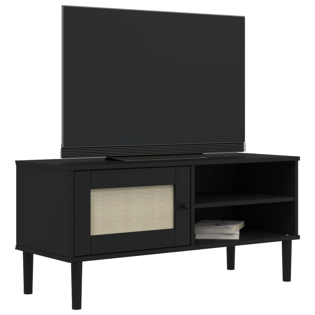 Mueble de TV SENJA aspecto ratán madera pino negro 106x40x49 cm