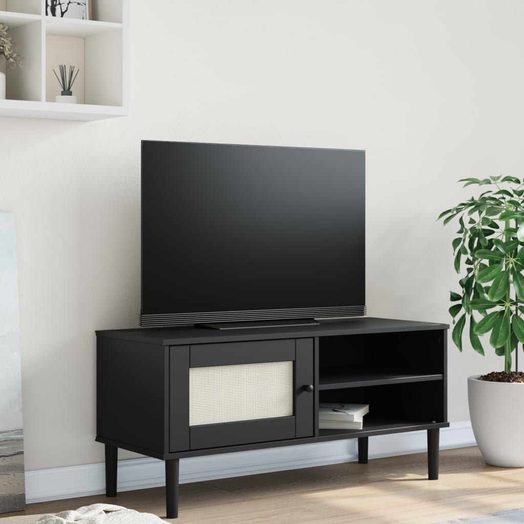 Vetonek Mueble de TV SENJA aspecto ratán madera pino negro 106x40x49 cm