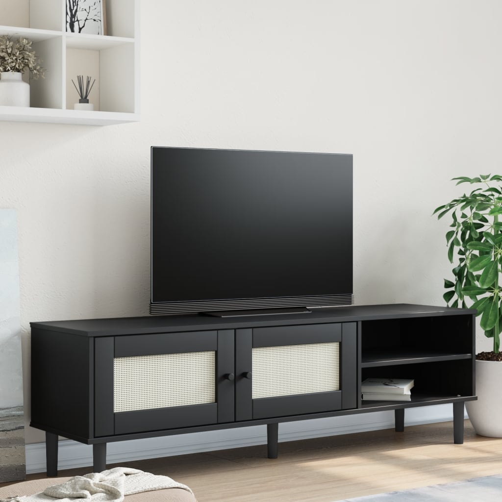 Vetonek Mueble de TV SENJA aspecto ratán madera pino negro 158x40x49 cm