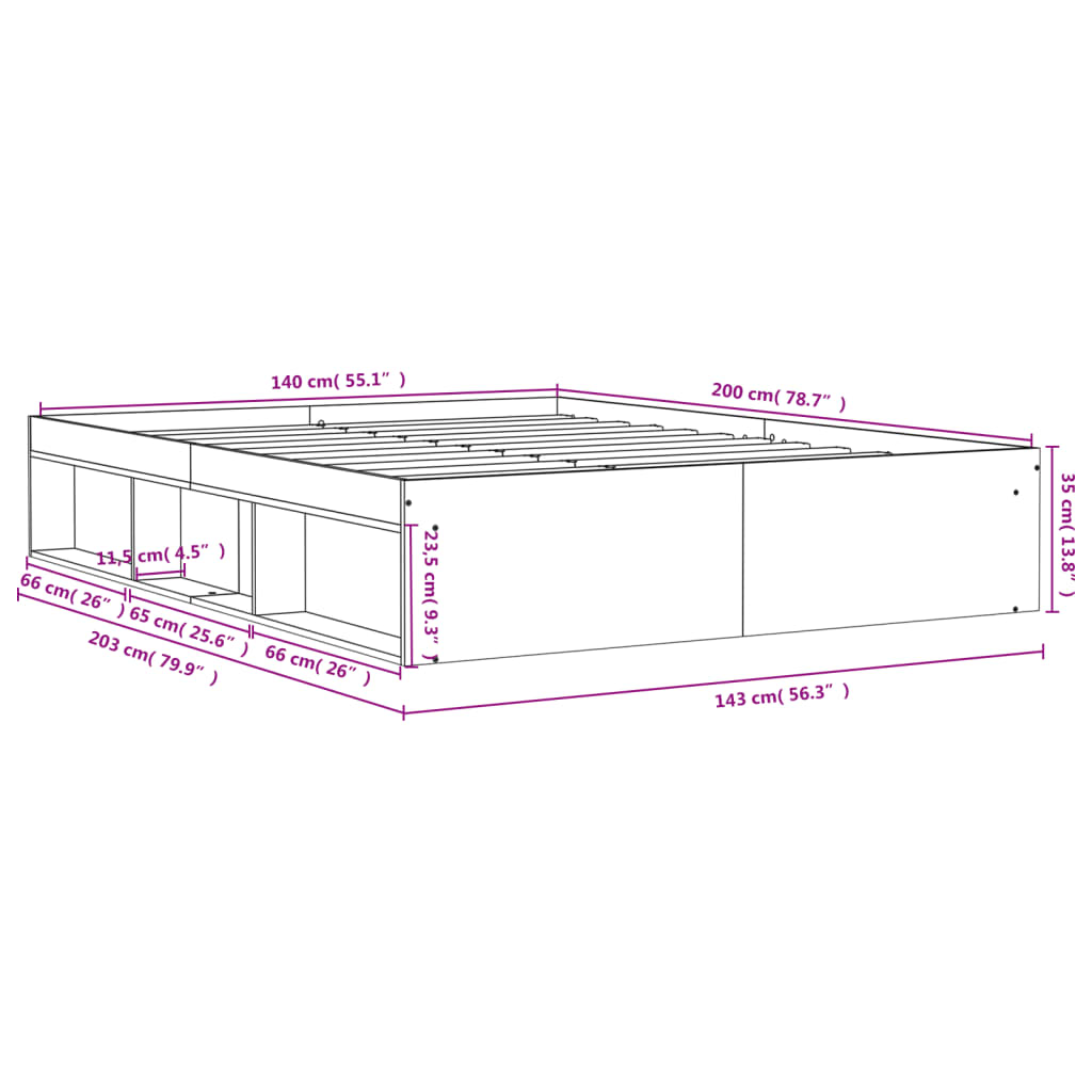 Brown Oak Bed Structure 140x200 cm