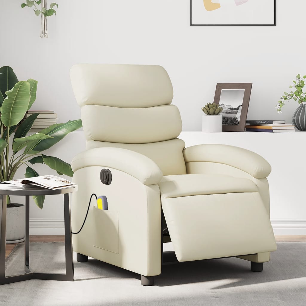 Vetonek Sillón de masaje reclinable eléctrico cuero sintético crema