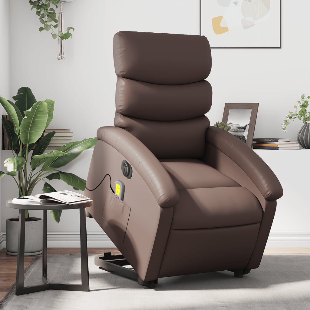 Vetonek Sillón de masaje elevable eléctrico cuero sintético marrón