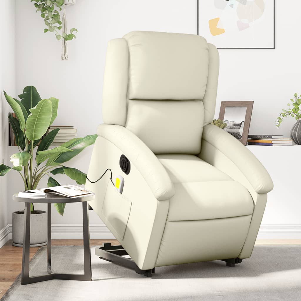 Vetonek Sillón de masaje elevable eléctrico cuero sintético crema