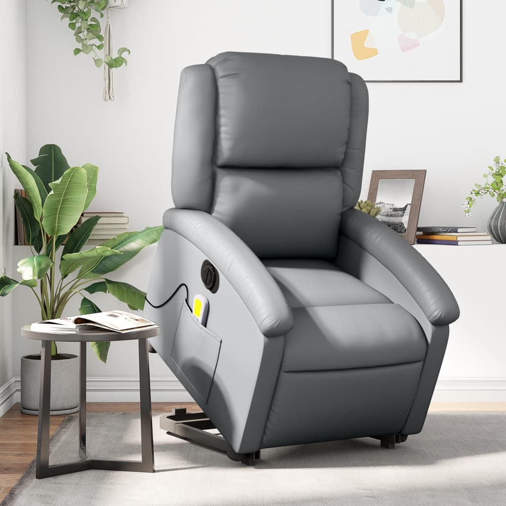 Vetonek Sillón de masaje elevable eléctrico cuero sintético gris