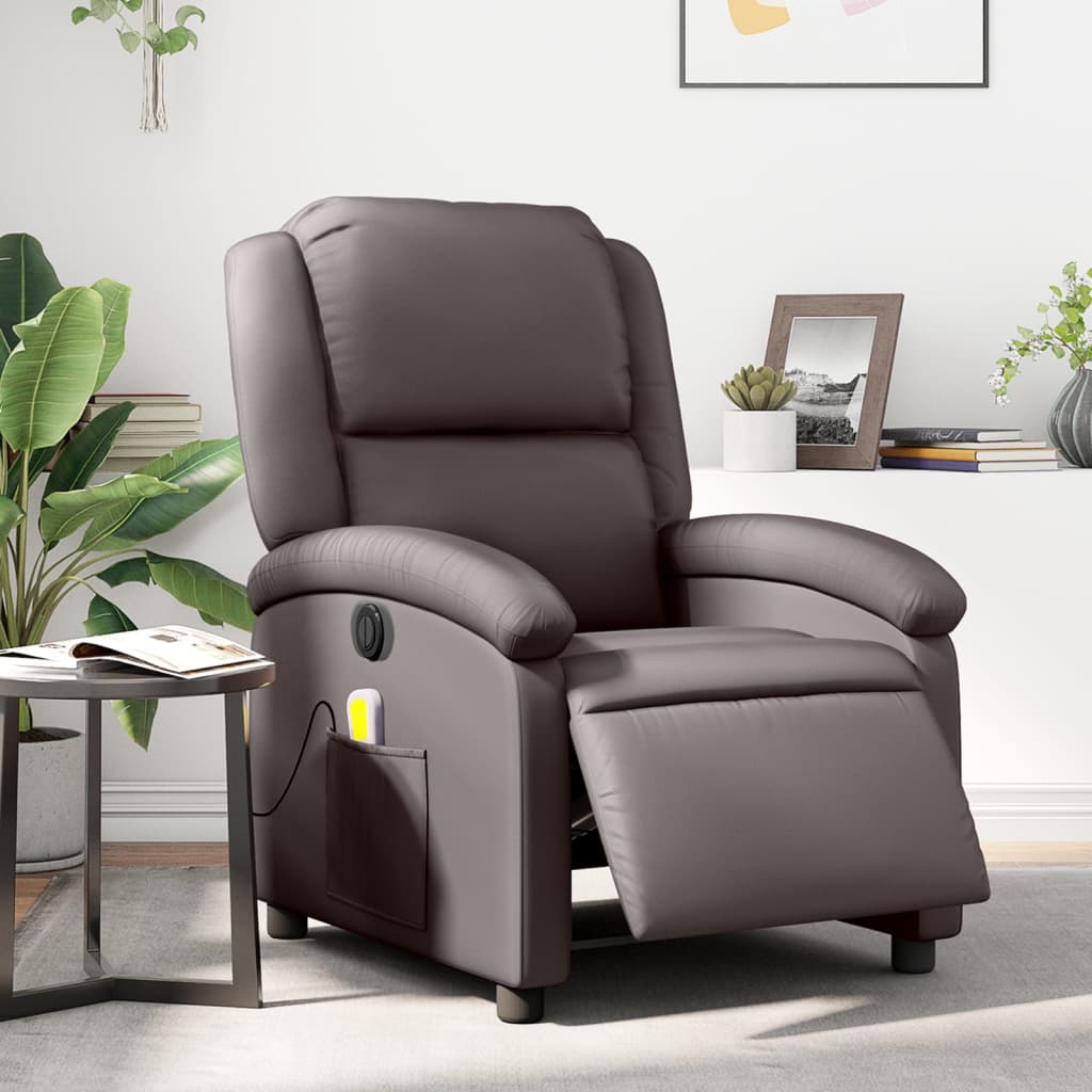 Vetonek Sillón de masaje eléctrico cuero auténtico marrón oscuro