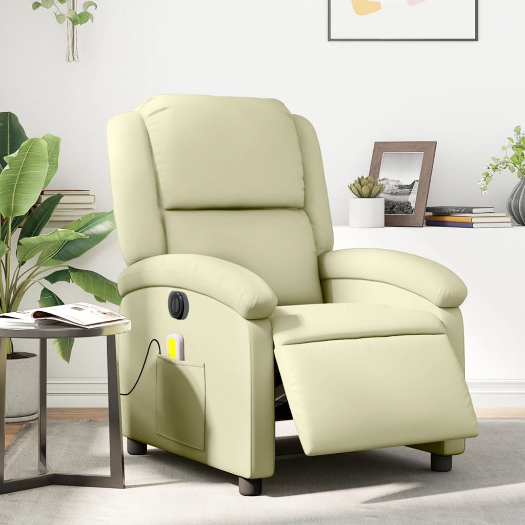 Vetonek Sillón reclinable de masaje eléctrico cuero auténtico crema