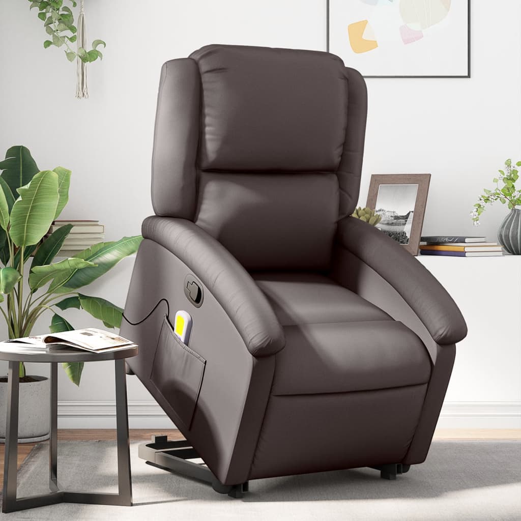 Vetonek Sillón reclinable masaje elevable cuero auténtico marrón oscuro