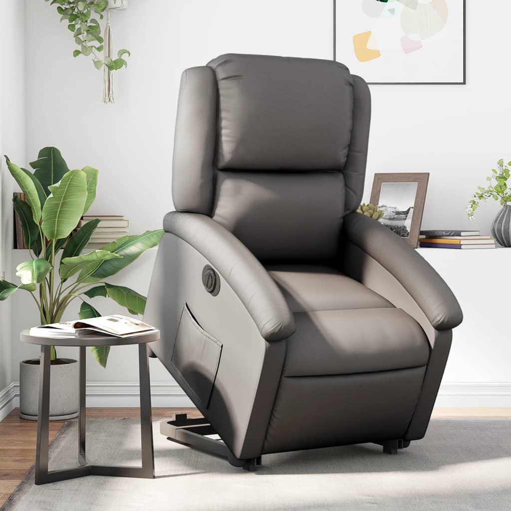 Vetonek Sillón reclinable eléctrico elevable cuero auténtico gris