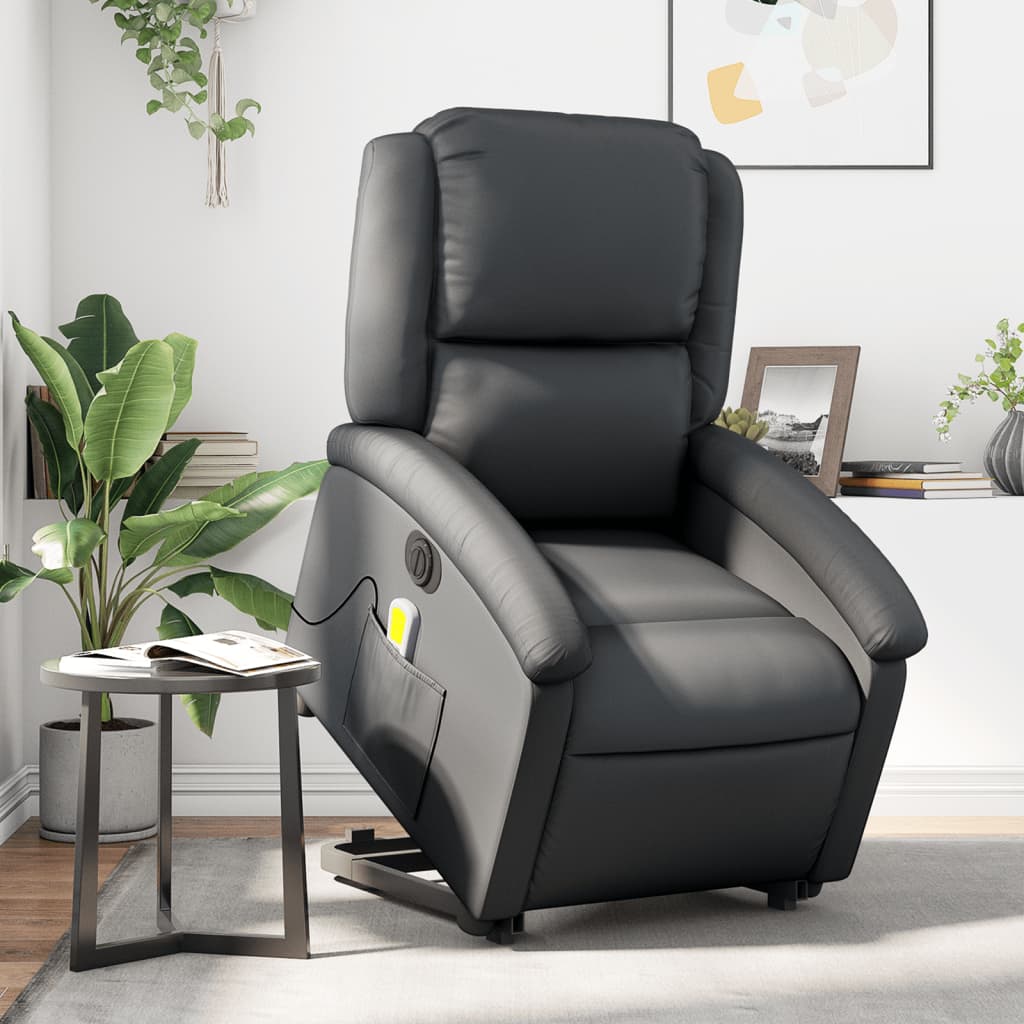 Vetonek Sillón de masaje elevable eléctrico cuero auténtico negro