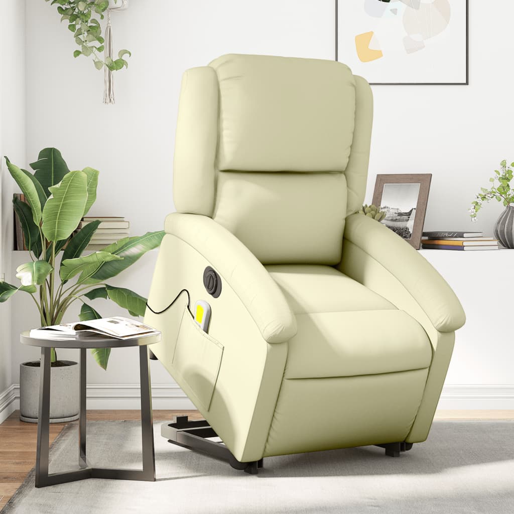 Vetonek Sillón reclinable masaje eléctrico de pie cuero auténtico crema