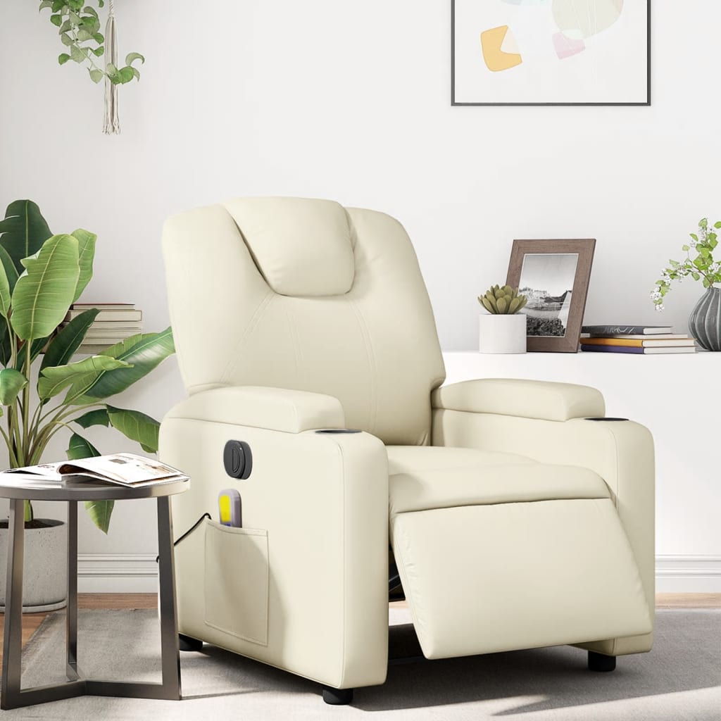 Vetonek Sillón de masaje reclinable eléctrico cuero sintético crema