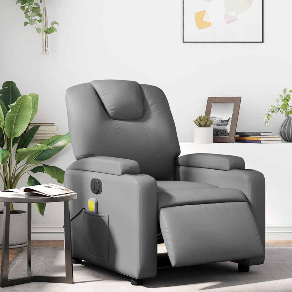 Vetonek Sillón de masaje reclinable eléctrico cuero sintético gris