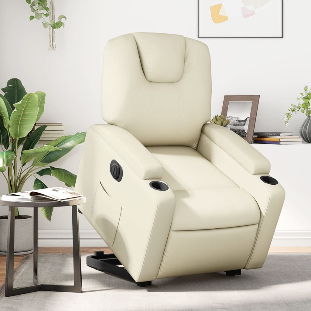 Vetonek Sillón reclinable elevable eléctrico de cuero sintético crema