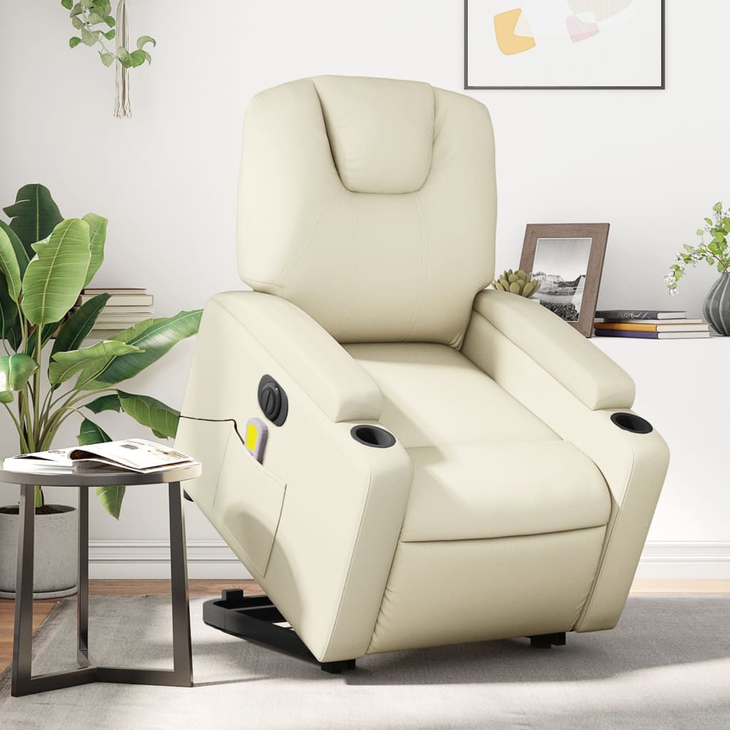 Vetonek Sillón de masaje elevable eléctrico cuero sintético crema