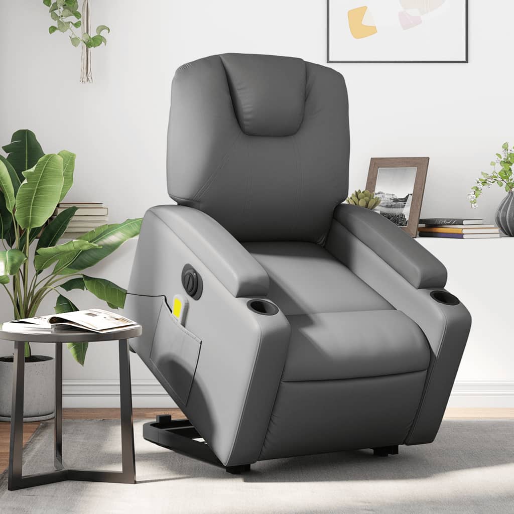 Vetonek Sillón de masaje elevable eléctrico cuero sintético gris