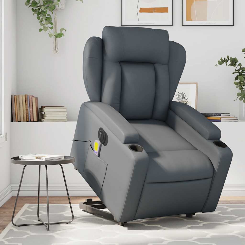 Vetonek Sillón de masaje elevable eléctrico cuero sintético gris