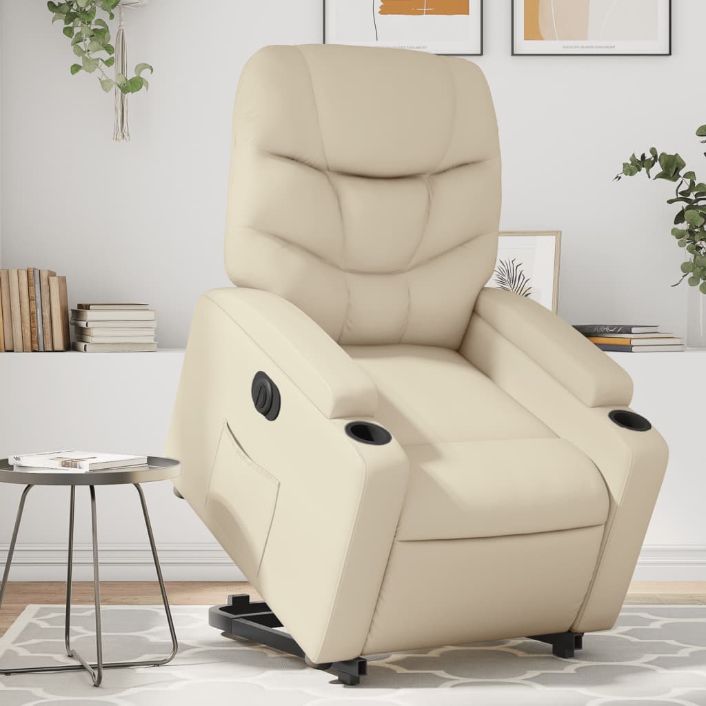 Vetonek Sillón reclinable elevable eléctrico de cuero sintético crema