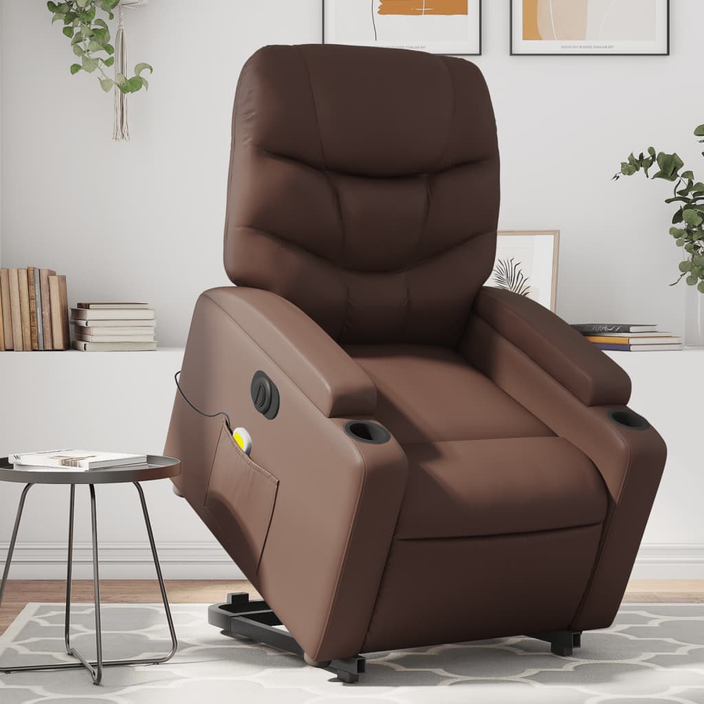 Vetonek Sillón de masaje elevable eléctrico cuero sintético marrón