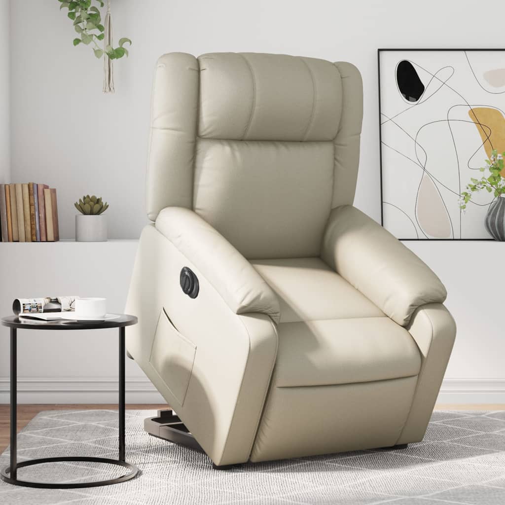 Vetonek Sillón reclinable elevable eléctrico de cuero sintético crema