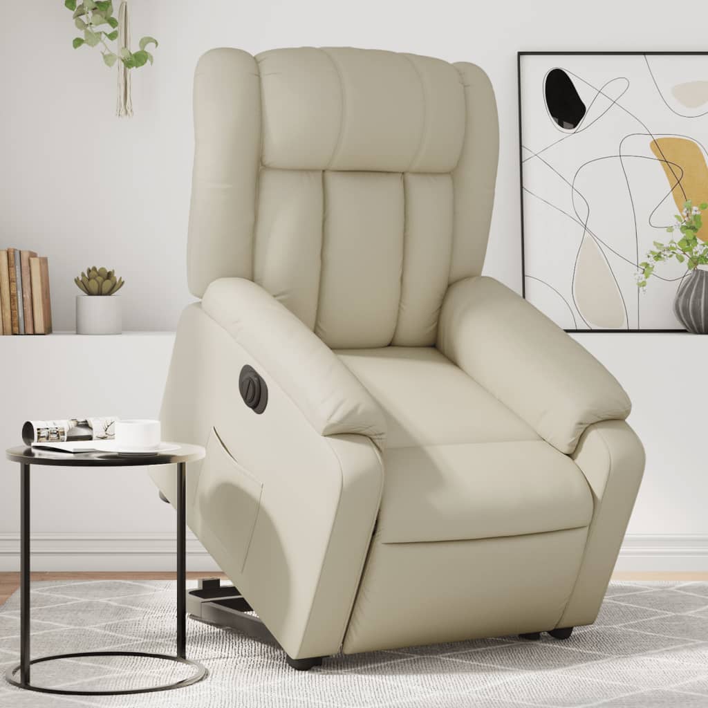 Vetonek Sillón reclinable elevable eléctrico de cuero sintético crema