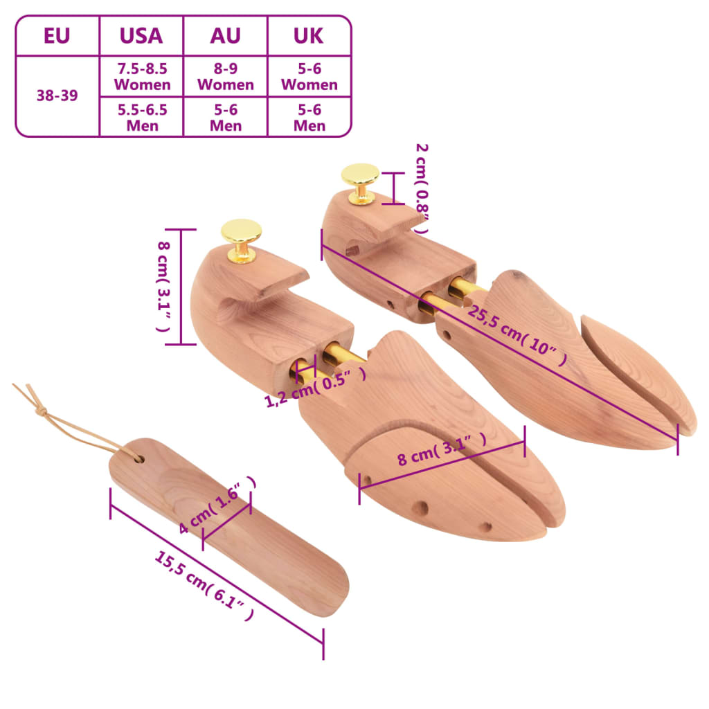 Estirador de zapatos con calzador EU 38-39 madera maciza cedro