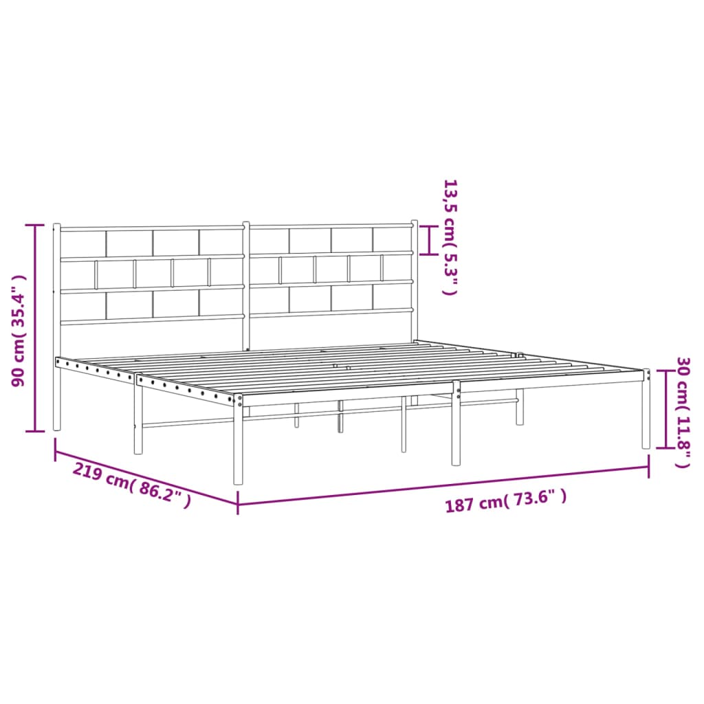 Bed without mattress with white metal headboard 183x213cm